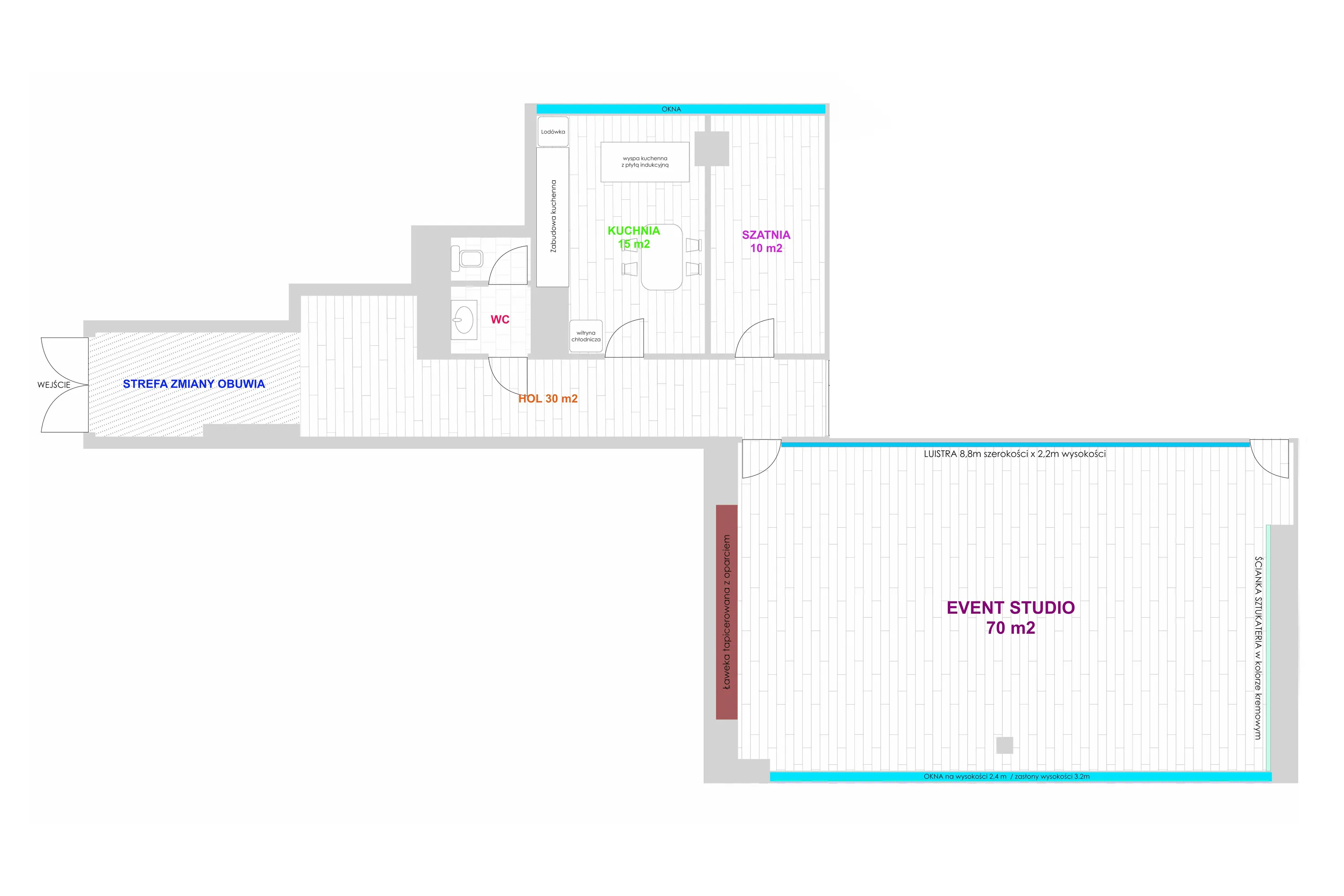 Rzut lokalu 125 m² — sala eventowa 70 m², hol 30 m², kuchnia 15 m², szatnia i WC